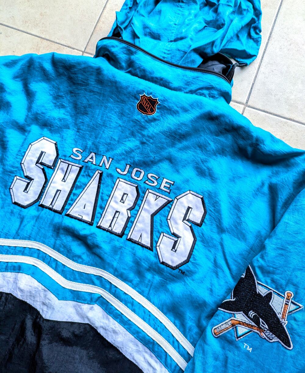 San Jose Sharks 90s Logo ATHLETIC puffer SPELL jacket XL teal NHL hockey vintage